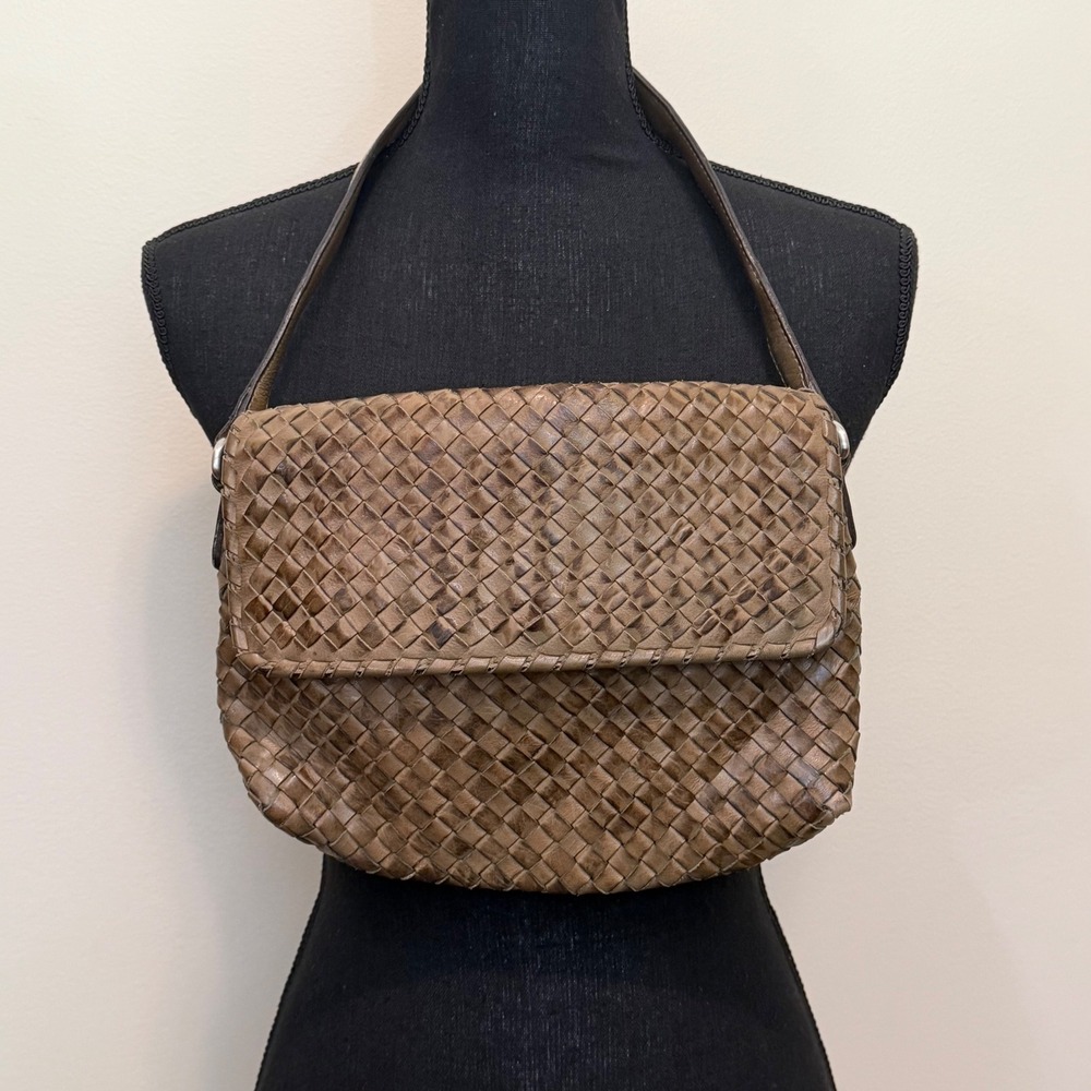 Woven Leather Shoulder Bag Taupe Brown Flap Magnetic Snap Boho Western Leather